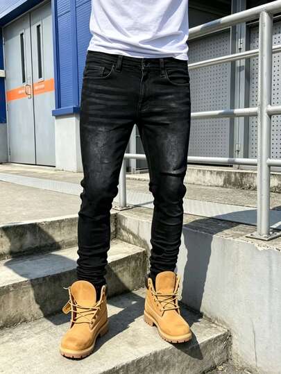 Manfinity Homme Men Vintage Horizontal Faded Black Skinny Jeans Gradient Wash Stretch Slim Fit Denim Long Trousers Daily Streetwear Bottoms