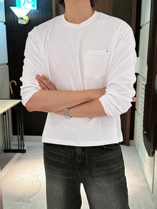 DAZY 春秋款長袖圓領白色T恤，胸前口袋與鉚釘裝飾，寬鬆版型，韓系風格，純色 - 白色 - 查看 4