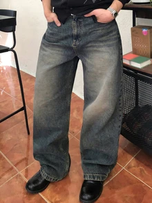 DAZY Spring/Autumn Gray-Blue Washed Distressed Loose Fit Plus Size Men's Jeans - Blue - View 5
