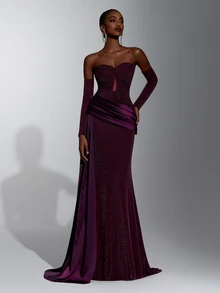 Elitara Women's Elegant Romantic Satin Patchwork Pleated Dress For Birthday Party, Wedding - Dark Purple - View 7