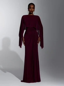Elitara Elegante Vestido de Fiesta Romántico y Sexy de Malla Elástica Color Burdeos con Fruncido y Bajo de Sirena, Vestido para Invitada de Boda, Vestido para Despedida de Soltera, Vestido de Noche Formal (Chal Gratis) - Burdeos - Ver 4