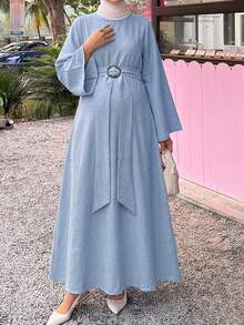Dazy Maternity Solid Color Loose Long Sleeve Belt Tie Elegant Vacation Daily Spring Autumn Maternity Dress - Blue - View 4