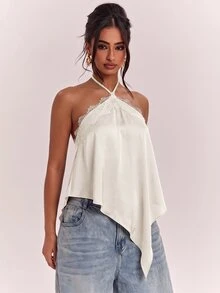 SHEIN BAE 春夏女款休閒度假掛脖蕾絲拼接露背不對稱下擺棕色純色緞面背心，適合海灘度假、海灘假期、姊妹休閒度假，優雅實用棕色緞面背心 - 杏色 - 查看 3