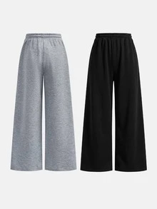 SHEIN 青少年女孩針織淺灰色寬鬆休閒百搭抽繩口袋寬腿運動長褲 - 彩色 - 查看 2