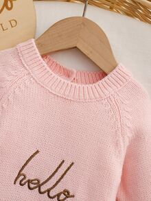 SHEIN 新生兒嬰兒針織連身衣，休閒時尚極簡可愛杏色刺繡圓領插肩袖連腳連身衣，柔軟舒適，適合日常穿著、旅行、度假、托兒所、秋冬上學穿搭、派對，百搭 - 淺粉色 - 查看 3
