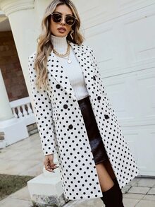 SHEIN Clasi Women's Elegant Long Double-Breasted Polka Dot Button Lapel Coat, Autumn/Winter - Black and White - View 1