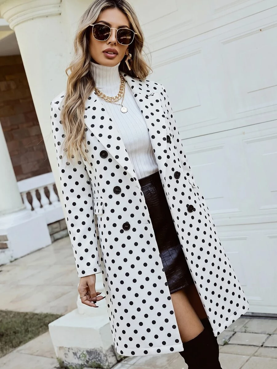 SHEIN Clasi Women's Elegant Long Double-Breasted Polka Dot Button Lapel Coat, Autumn/Winter - Black and White - View 1