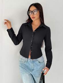 SHEIN PETITE 女款純色長袖單排扣休閒襯衫 - 深灰色 - 查看 7