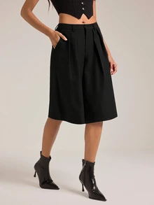 SHEIN Tall بنطلون بدلة واسع الساق بلون موحد أنيق وعملي متعدد الاستخدامات للتنقل والمكتب والأعمال، أسود، صيفي، مناسب ليوم المعلم - الأسود - مشاهدة 1