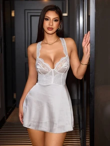 SilkySpell Lace Patchwork Satin Cami Slip Dress, Sexy V-Neck Fitted Short Nightgown - White - View 4