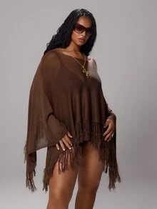 Rustia Sweater Ukuran Besar dengan Rumbai di Bagian Bawah dan Lengan Kelelawar untuk Musim Gugur - Coffee Brown - View 1