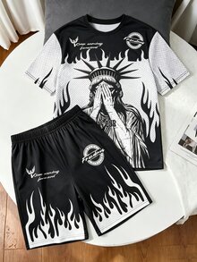青少年男孩休閒龐克 Y2K 暗黑街頭風美式復古舒適時尚極簡圓領短袖 T 恤與短褲套裝，秋季運動穿搭 - 彩色 - 查看 3
