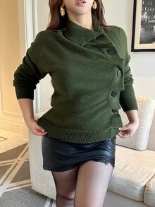 Vibekara Autumn/Winter Fashion Design Vintage Army Green Diagonal Button Lapel Long Sleeve Cardigan Sweater Fall - Army Green - View 3