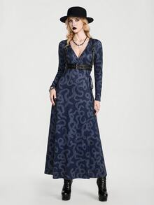 Breakform Gothic Goth Halloween Sexy Long Printed Lace-Up Long Sleeve Dress With Snake Pattern, Dark Romantic Style Night Fall - Multicolor - View 6