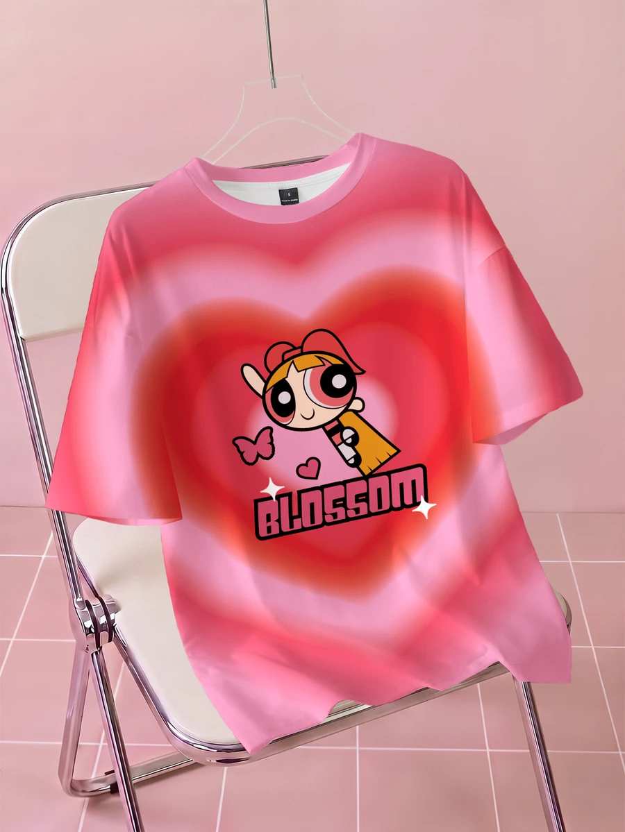 THE POWERPUFF GIRLS X SHEIN Blossom 可愛卡通印花粉色漸層愛心滿版印花女款T恤 - 白色 - 查看 1