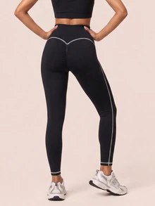 SHEIN BAE Women Black High Waist Leggings Tummy Control Gym Workout Training Running Yoga Athletic Pants - Black - View 3