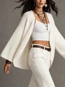 Linhara CURVE 1pc Women's Plus Size Plus Size Loose Wrap Long Sleeve Casual Comfortable Lazy Cardigan Sweater, Suitable For Daily Wear And Gatherings In Spring And Autumn - Beige - View 5