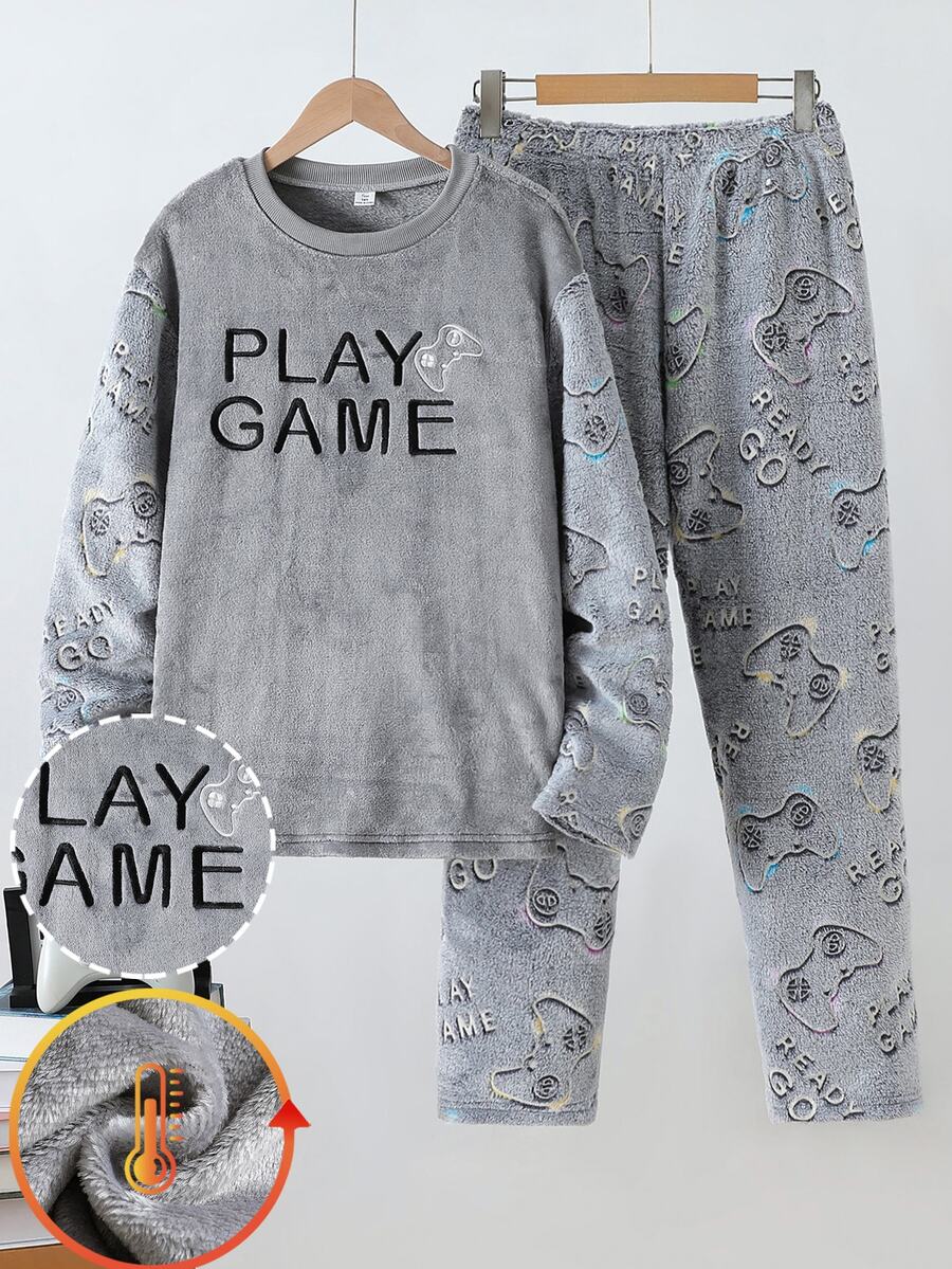 Teen Boys Pajamas Autumn/Winter Flannel Sleepwear Set, Grey Top With Game Controller Embroidery And All-Over Print Game Console Elastic Waist Long Pants, Warm And Comfortable 2 Pieces Set Loungewear, 1 Set - Grey - View 1