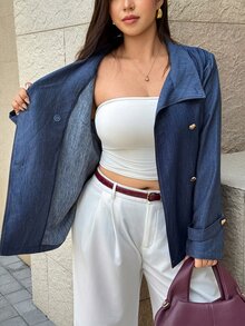 Easura Plus Size Denim Effect Long Sleeve Double-Breasted Heart Button Cinched Waist Jacket - Blue - View 6