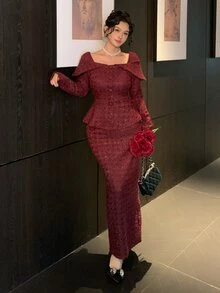 DAZY Women's Solid Color Long Sleeve Top And Skirt Fashion Set Fall - Burgundy - View 6