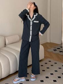 DAZY 2pcs Plaid Embroidered Pattern Pajama Set Fall - Navy Blue - View 3
