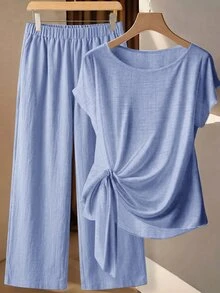 SHEIN Clasi Women's Summer Vacation Casual Versatile Shirt & Pants Set - Baby Blue - View 1