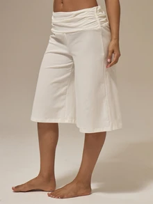 MUSERA ESSENTIALS Ruched Detail Wide Leg Capri Trousers Summer Girly Everyday Loungewear - White - View 3