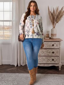 Rosumi Plus Size Women's Floral Pattern Round Neck Long Sleeve Casual Pullover Sweater - Apricot - View 5