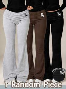 SHEIN Genkimix Kids Tween女孩 1件隨機款 極簡時尚字母印花 高腰百褶喇叭修身休閒長褲 柔軟面料 適合秋冬 - 彩色 - 查看 1