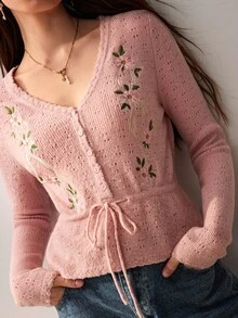 Willow Rêve Women's Dusty Pink V-Neck Cardigan Sweater With Floral Embroidery, Button Front, Drawstring Waist And Long Sleeves, Romantic Cottagecore Autumn Style - Pink - View 6