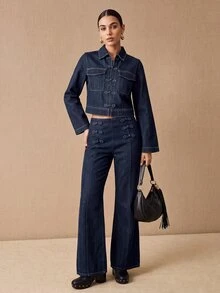 CielaLinda Women's Frog Button Denim Flared Pants, Vintage Inspired Jeans - Blue - View 6