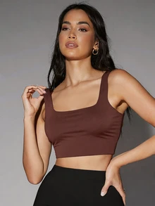 Silquee Casual Versatile Solid Color Seamless Cropped Tank Top - Brown - View 1