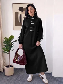 Veilorie 女款秋季休閒青蛙鈕扣長洋裝 - 黑色 - 查看 4
