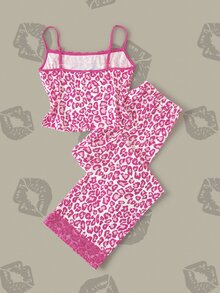 Betty Boop x SHEIN Women's Lace Patchwork Camisole Top And Pants Casual Daily Home Sleepwear Set - Hot Pink - View 2