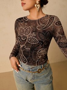 Freevana 棕色圖案大尺碼女款長袖T恤，適合秋冬穿著 - 彩色 - 查看 4