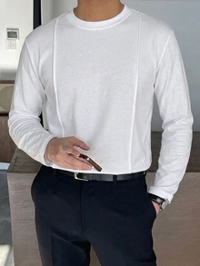 DAZY 男士休閒百搭純色長袖T恤 - 白色 - 查看 5