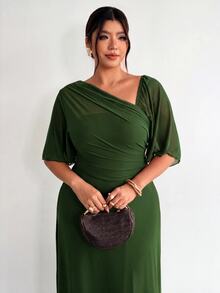 Firerie Plus Size Asymmetrical Neckline Pleated Dress - Olive Green - View 7