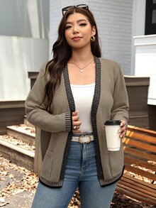 SHEIN LUNE Plus Size Fashion Minimalist Striped Colorblock Pocket Knit Cardigan - Khaki - View 12