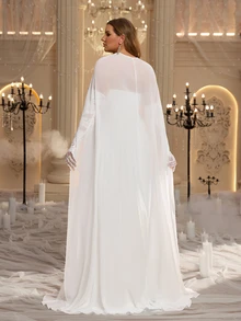 Elitara Plus Size Elegant Romantic Glamorous Sequin 3D Floral Applique Strapless Corset Cape Lace Long Sleeve 2 In 1 Ruched A-Line Wedding Gown For Events - White - View 3