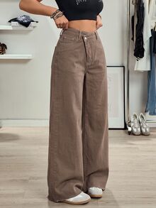 SHEIN Tall 女款休閒百搭不對稱腰寬腿牛仔褲 秋季 - 摩卡棕 - 查看 6