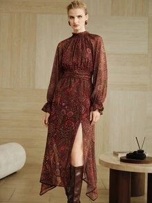 Arave Elegant Mature Style Lace Collar Waist-Cinching Design Flared Sleeve Geometric Print Side Slit Mid-Length Dress For Women - Multicolor - View 4