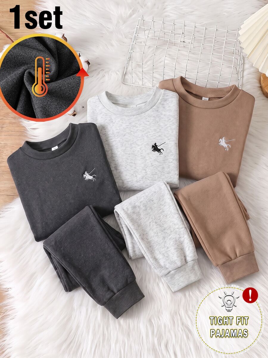 青少年男孩秋/冬新款睡衣 2 件套,胸前小刺繡,高彈力抓絨圓領上衣與長褲,修身居家服 - 深灰色 - 查看 1