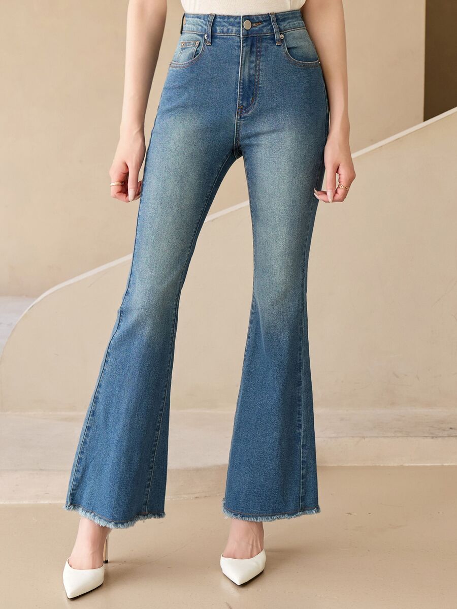 DAZY Celana Jeans Flare Kasual Wanita dengan Motif Washed untuk Musim Gugur - Biru - View 1