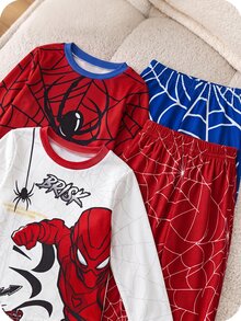 SHEIN Kids Young Boy Simple Solid Color Crew Neck Long Sleeve T-Shirt + Woven Plaid Pattern Loose Casual Pants 4-Piece Pajama Set, Soft Comfortable Casual Home Sleepwear Set 2 Pieces, Suitable For All Seasons - Multicolor - View 8
