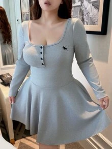 Vibekara Plus Size Women's Button Half-Placket Casual Cute Ribbed Knit Dress With Equestrian Embroidery Autumn Graduation Club Grey - Light Grey - View 1