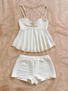 Soleia Plus Size Women Solid Color Ruched Camisole Top And Shorts Casual Daily 2 Pieces Set - White - View 3