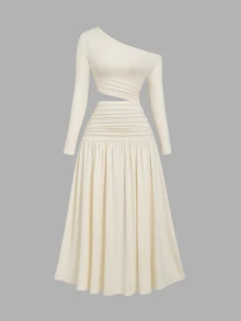 Sweetra Spring/Autumn Sexy Asymmetrical Shoulder Cut-Out Ruched Knit Long Sleeve Dress, Design With Waist Drawstring, Versatile For Vacation, Travel, Dating, Store Visiting, Daily Commute - Apricot - View 3