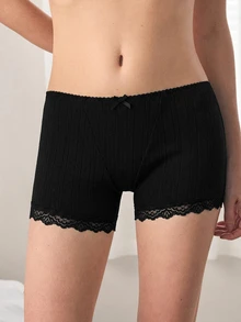 Ocili Women's Pure Cotton Knitted Jacquard Comfortable Patchwork Mini Lace Bow Decor Boxer Briefs - Black - View 4