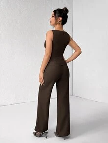 SHEIN PETITE 女款純色圓領單排扣背心與長褲套裝，優雅休閒通勤西裝風，夏秋服飾套裝，辦公商務穿搭 - 咖啡棕 - 查看 2