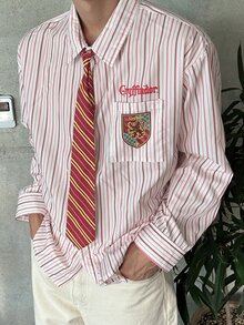 DAZY 男士紅色條紋長袖襯衫附領帶，春秋通勤學院風 - 紅色 - 查看 1